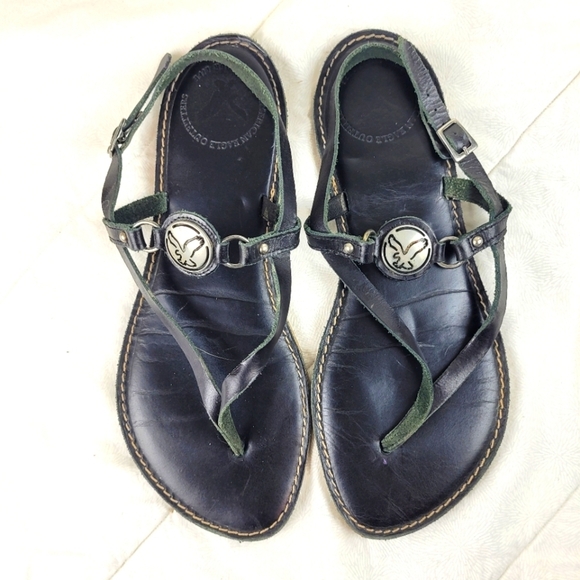 American Eagle Outfitters Shoes - American Eagle Outfitters black leather thong sandals silver logo beach edgy 7.5